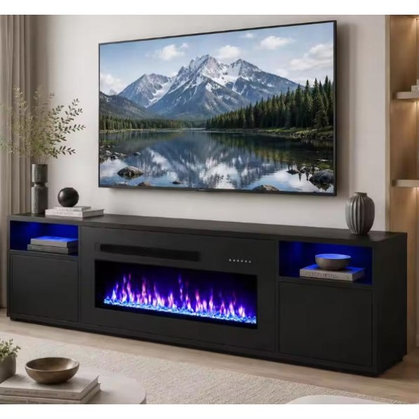 TWISTER.CK 80" Black Electric Fireplace TV Stand with 36" Insert — Media Console & Entertainment Center, 12 Stunning Flame Colors, Cozy 1500W Heating (120V)