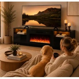 TWISTER.CK 80" Black Electric Fireplace TV Stand with 36" Insert — Media Console & Entertainment Center, 12 Stunning Flame Colors, Cozy 1500W Heating (120V)